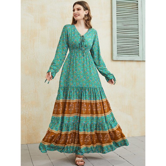 . Dresses & Skirts - boho Floral Print Knot long Sleeve Ruffle Hem Maxi Dress paisley green